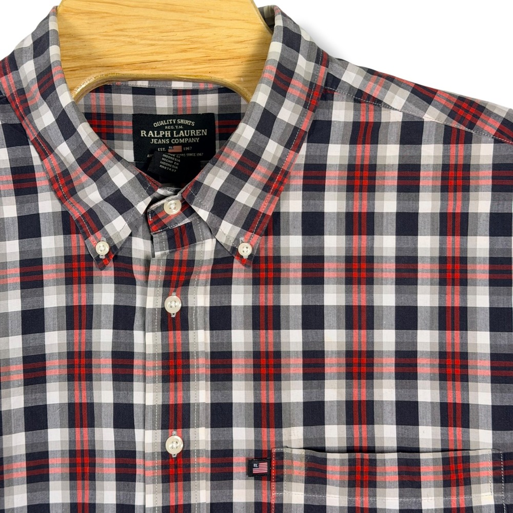 Polo Ralph Lauren Jean Co. Button Down Men 3XL Red Black White Plaid  Pocket USA